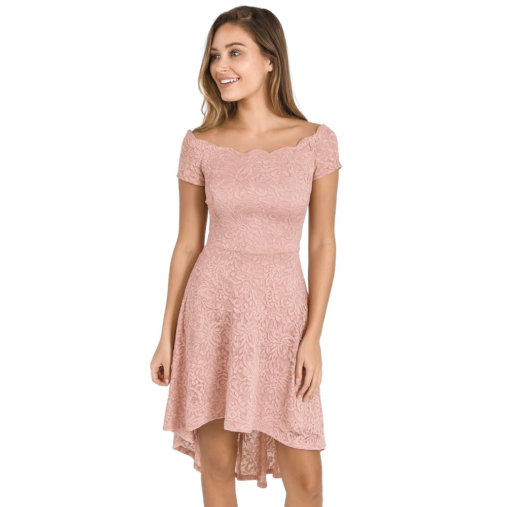 City Studio Dress 1 Pink Lace Off Shoulder Hi Low Sparkle Fit Flare‎ Juniors